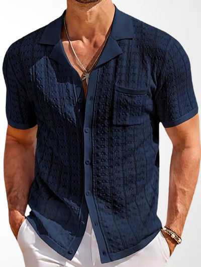 Men's Jacquard Knit Short Sleeve Polo Shirt Business Casual Summer Top in Navy - product view