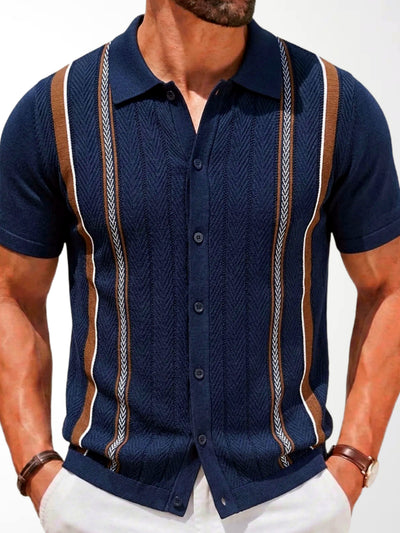 Men's Striped Jacquard Knit Short Sleeve Polo Shirt Business Casual Summer Top in Navy - product view
