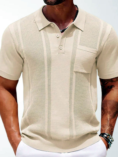 Men's Jacquard Knit Short Sleeve Polo Shirt Business Casual Summer Top in Khaki - product view
