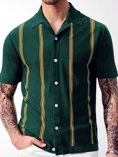 Men's Striped Jacquard Knit Short Sleeve Polo Shirt Business Casual Summer Top in Green - product view
