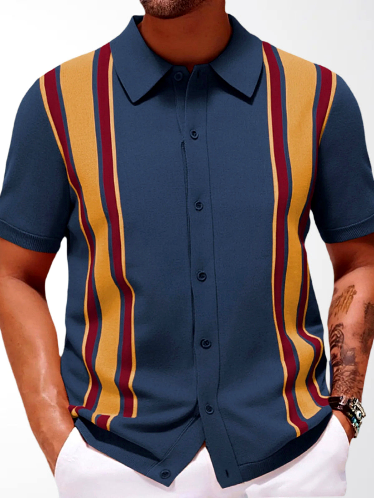 Men's Striped Jacquard Knit Short Sleeve Polo Shirt Business Casual Summer Top in Navy - product view