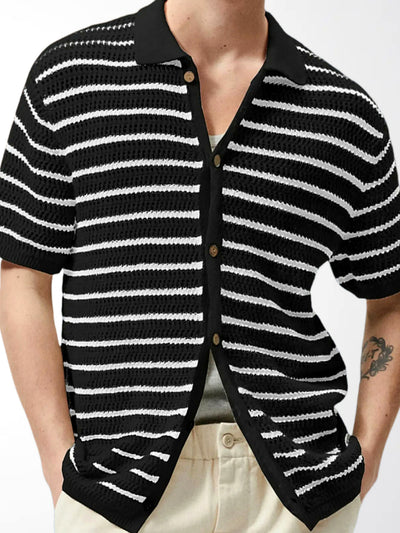 Men's Striped Jacquard Knit Short Sleeve Polo Shirt Business Casual Summer Top in Black - product view