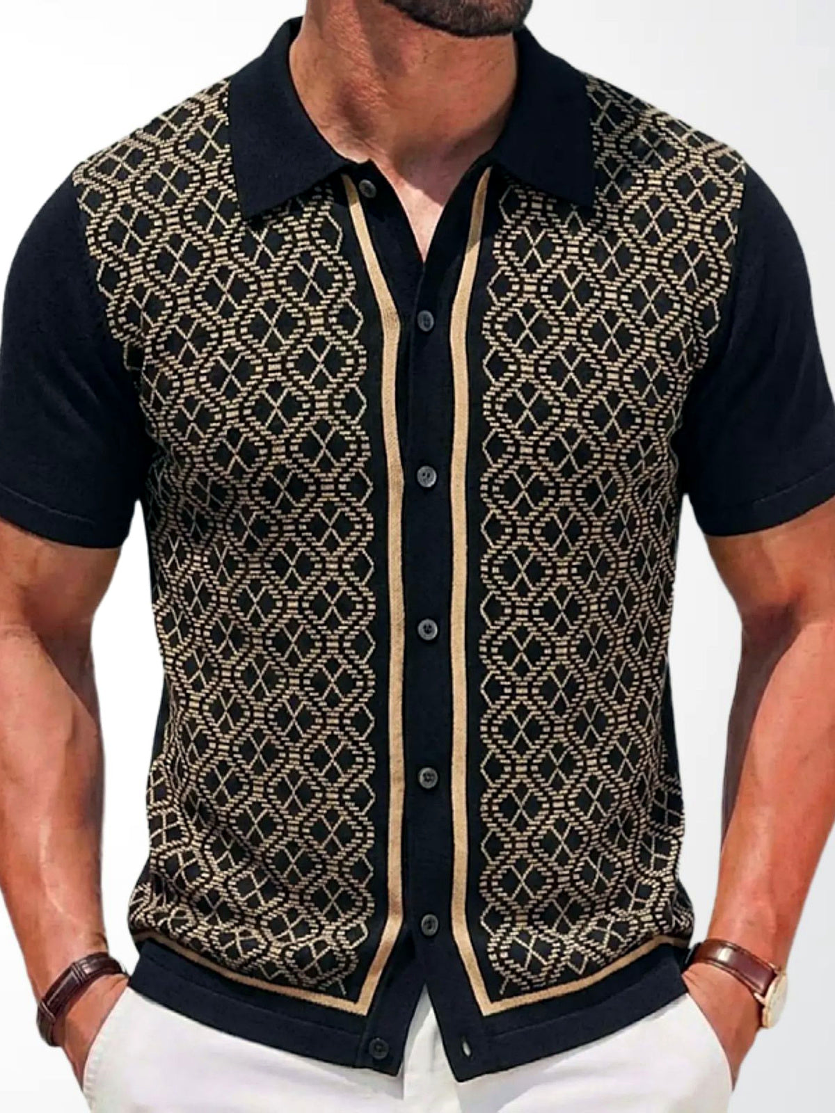Men's Jacquard Knit Short Sleeve Polo Shirt Business Casual Summer Top in Black - product view