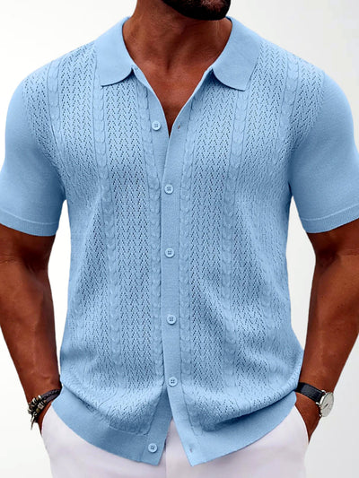 Men's Jacquard Knit Short Sleeve Polo Shirt Business Casual Summer Top in Blue - product view