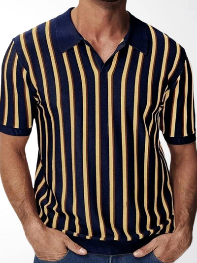 Men's Striped Jacquard Knit Short Sleeve Polo Shirt Business Casual Summer Top in Navy - product view