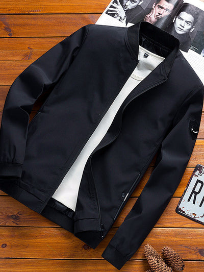Men's Stand Collar Solid Color Slim Fit Long Sleeve Jacket for Everyday Smart-Casual Wear in Black - product view