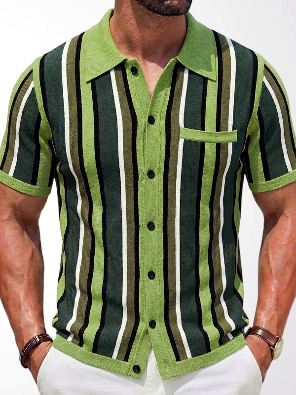 Men's Striped Jacquard Knit Short Sleeve Polo Shirt Business Casual Summer Top in Green - product view