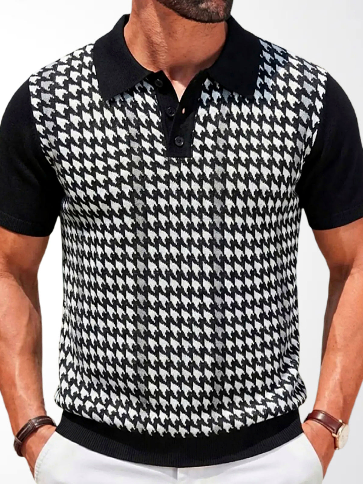Men's Jacquard Knit Short Sleeve Polo Shirt Business Casual Summer Top in White - product view