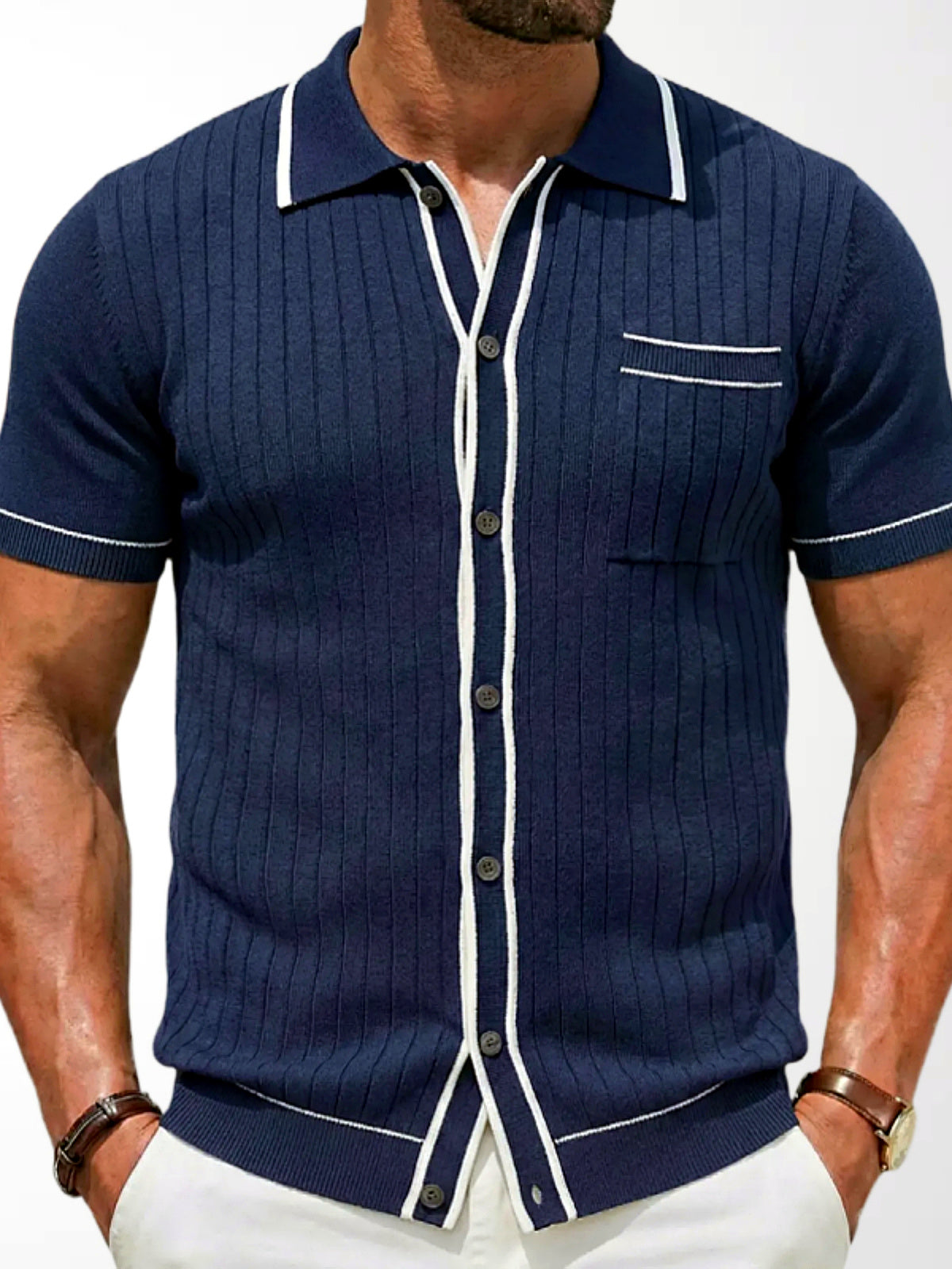 Men's Jacquard Knit Short Sleeve Polo Shirt Business Casual Summer Top in Navy - product view