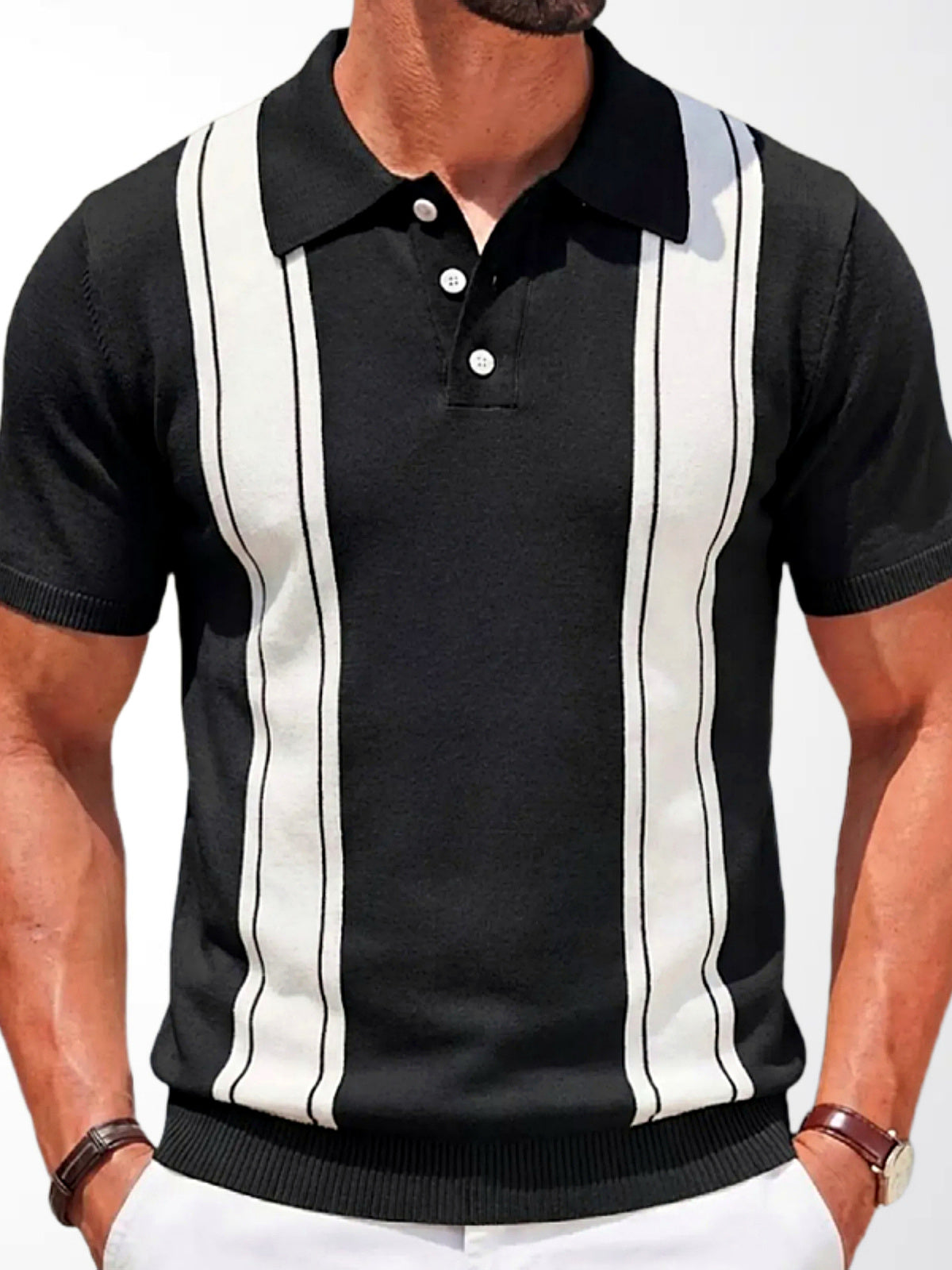 Men's Striped Jacquard Knit Short Sleeve Polo Shirt Business Casual Summer Top in Black - product view