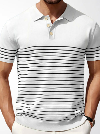 Men's Striped Jacquard Knit Short Sleeve Polo Shirt Business Casual Summer Top in White - product view
