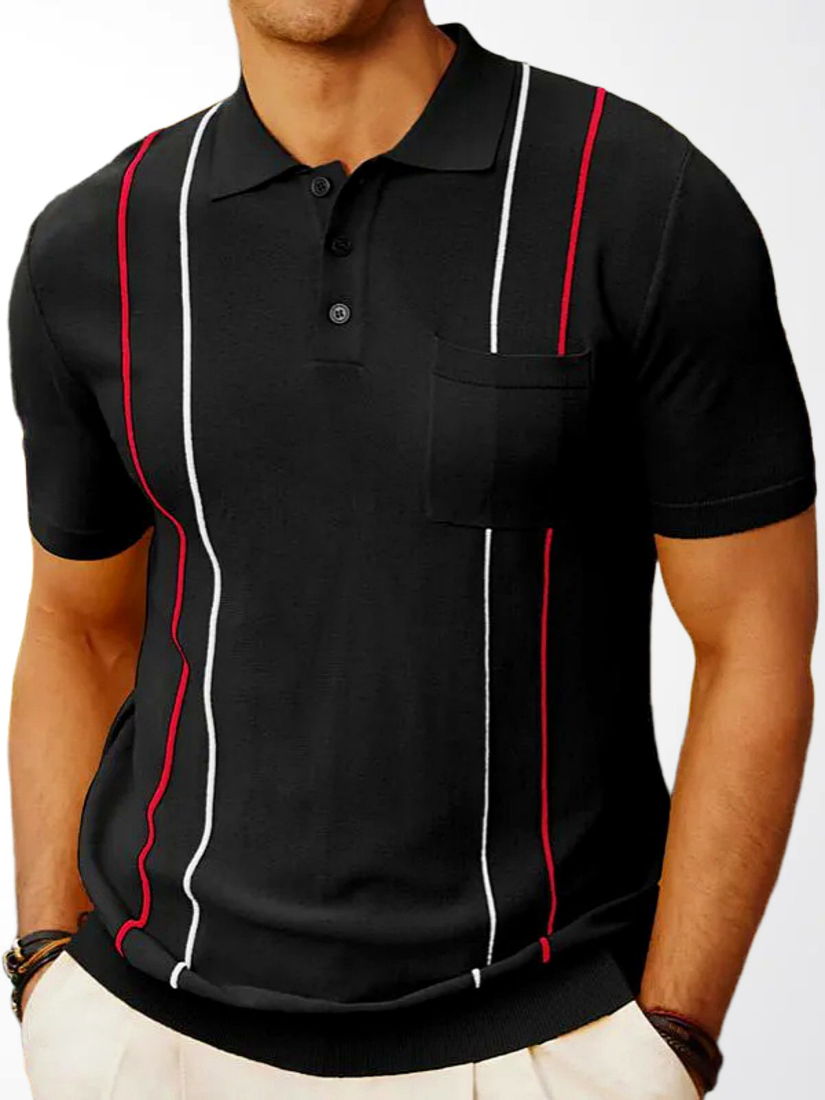 Men's Striped Jacquard Knit Short Sleeve Polo Shirt Business Casual Summer Top in Black - product view