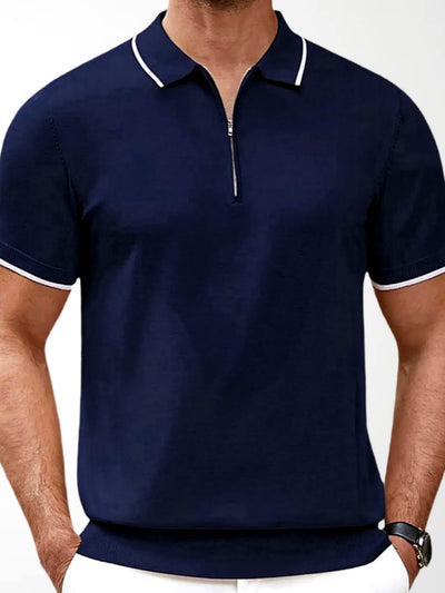 Men's Jacquard Knit Short Sleeve Polo Shirt Business Casual Summer Top in Navy - product view