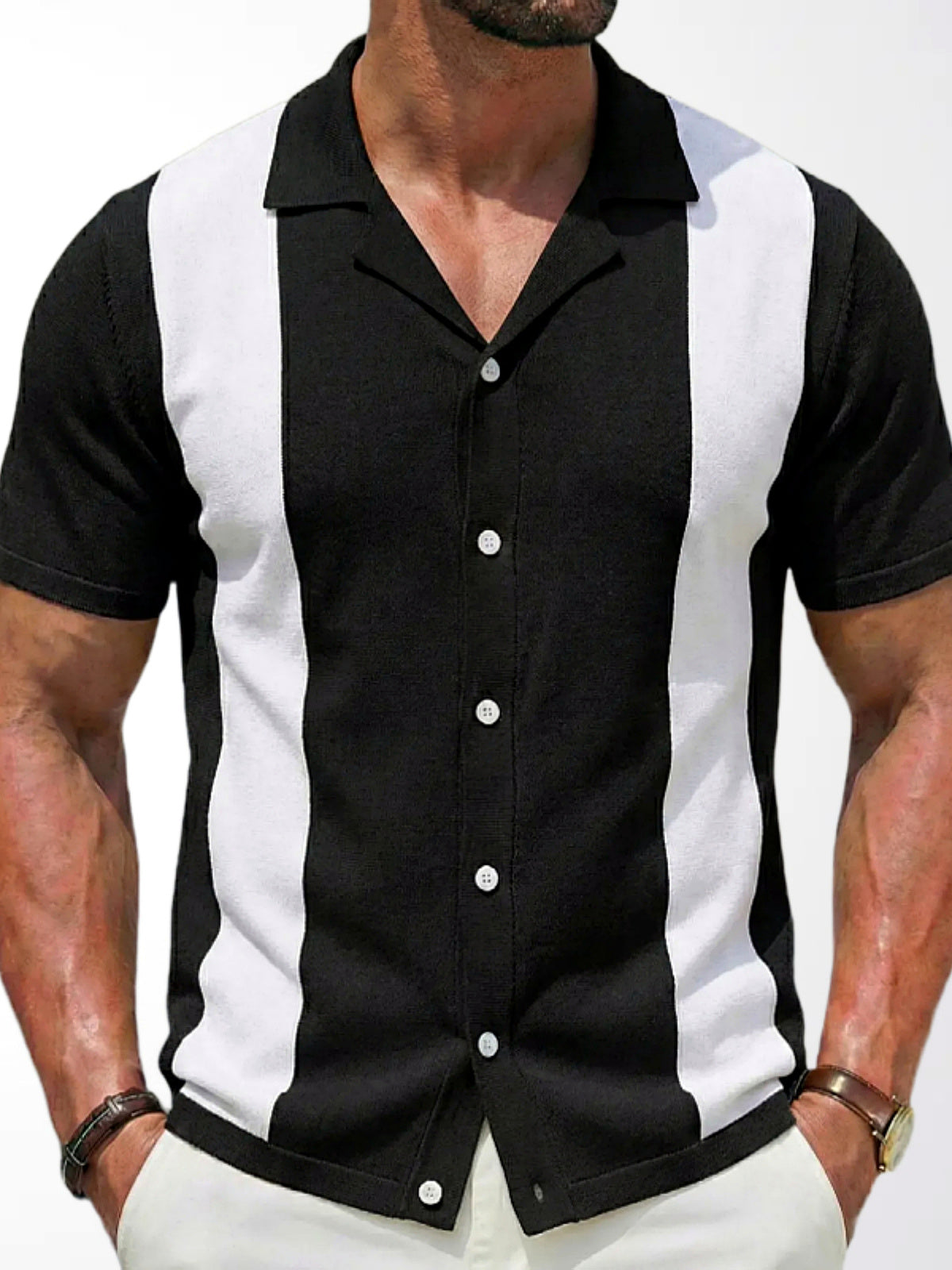 Men's Striped Jacquard Knit Short Sleeve Polo Shirt Business Casual Summer Top in Black - product view