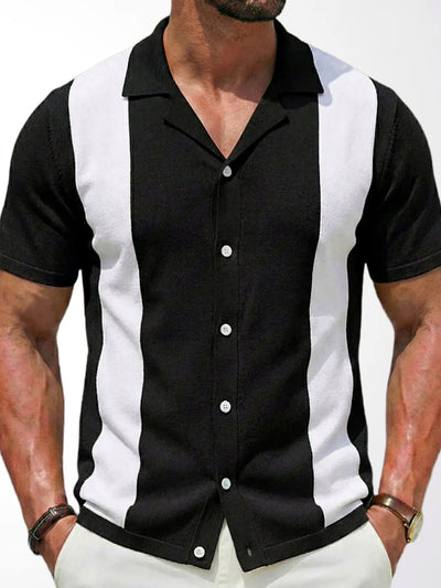 Men's Striped Jacquard Knit Short Sleeve Polo Shirt Business Casual Summer Top in Black - product view