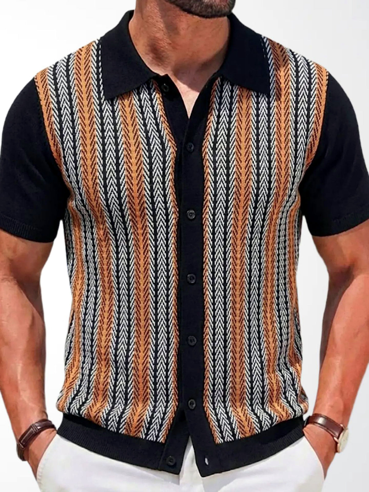 Men's Striped Jacquard Knit Short Sleeve Polo Shirt Business Casual Summer Top in Black - product view