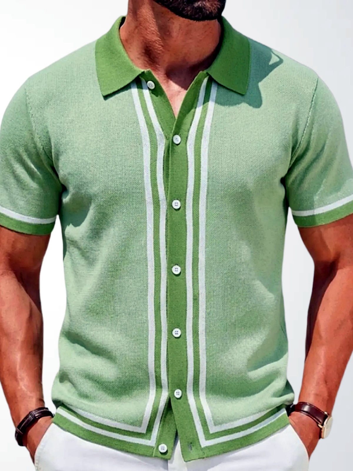 Men's Striped Jacquard Knit Short Sleeve Polo Shirt Business Casual Summer Top in Green - product view