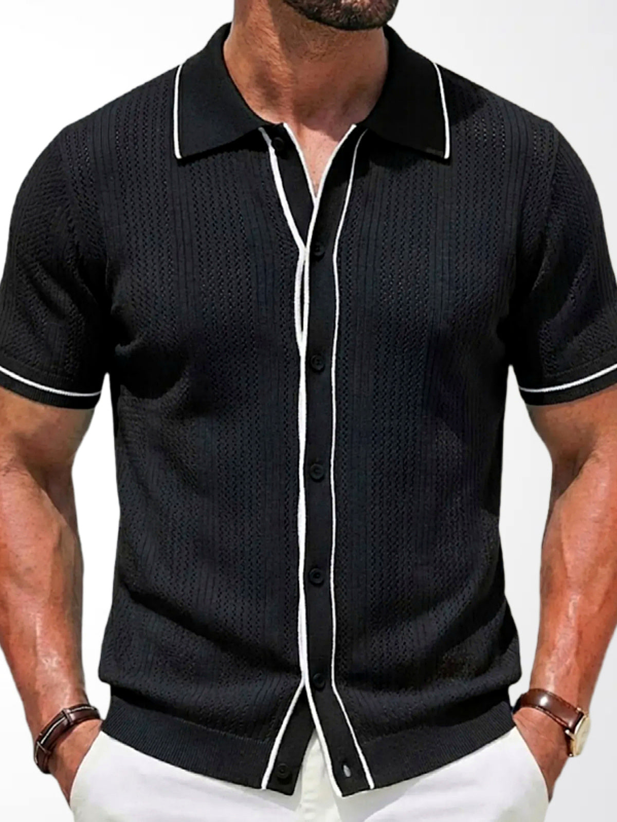 Men's Jacquard Knit Short Sleeve Polo Shirt Business Casual Summer Top in Black - product view