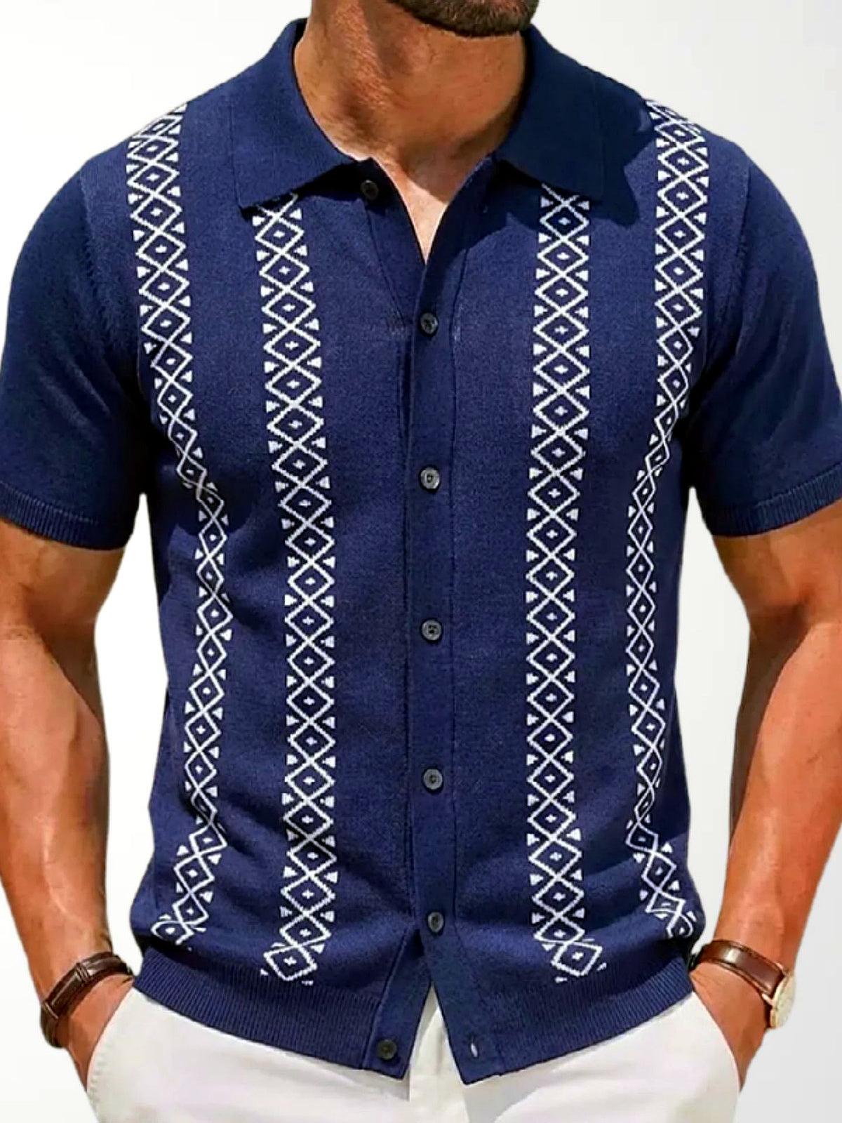 Men's Striped Jacquard Knit Short Sleeve Polo Shirt Business Casual Summer Top in Navy - product view
