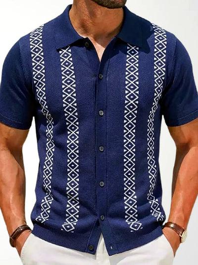 Men's Striped Jacquard Knit Short Sleeve Polo Shirt Business Casual Summer Top in Navy - product view