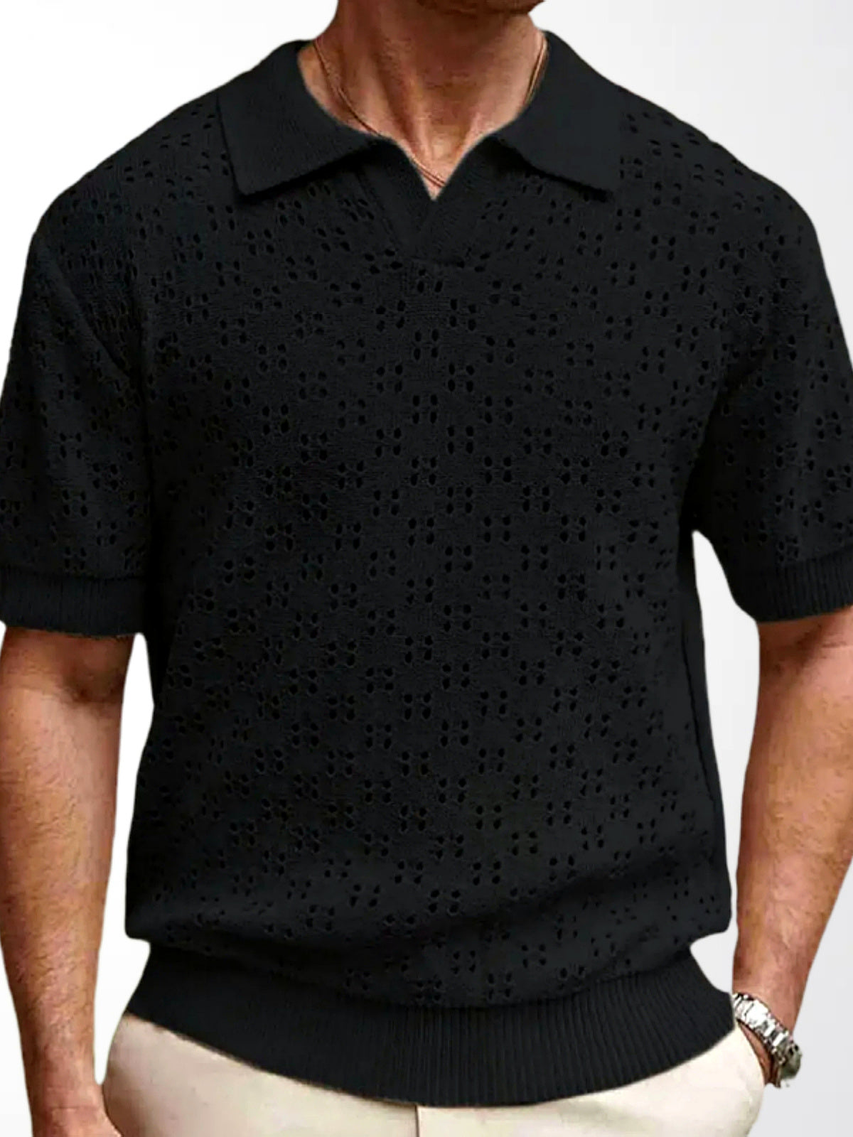 Men's Jacquard Knit Short Sleeve Polo Shirt Business Casual Summer Top in Black - product view