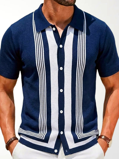 Men's Striped Jacquard Knit Short Sleeve Polo Shirt Business Casual Summer Top in Navy - product view