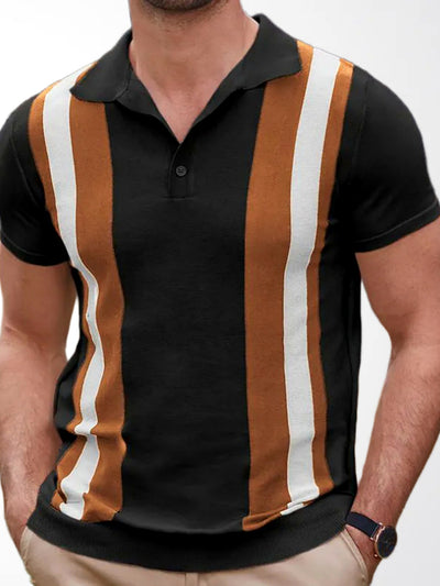 Men's Striped Jacquard Knit Short Sleeve Polo Shirt Business Casual Summer Top in Black - product view