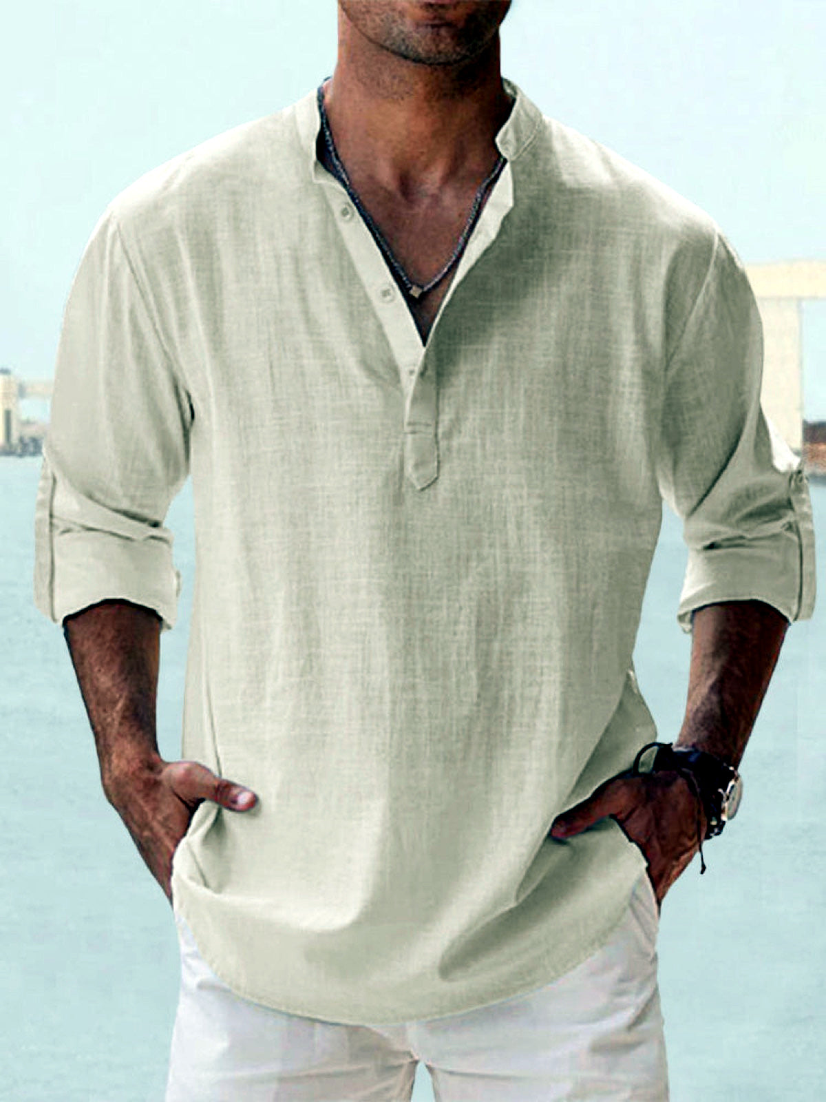 Men's Quick-Dry Henley Short Sleeve T-Shirt in White - product view