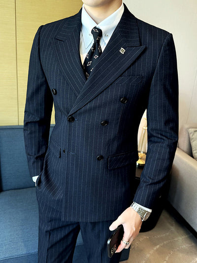 Men's Lightweight Business Blazer and Pants Set Casual Suit Outfit in Navy - product view