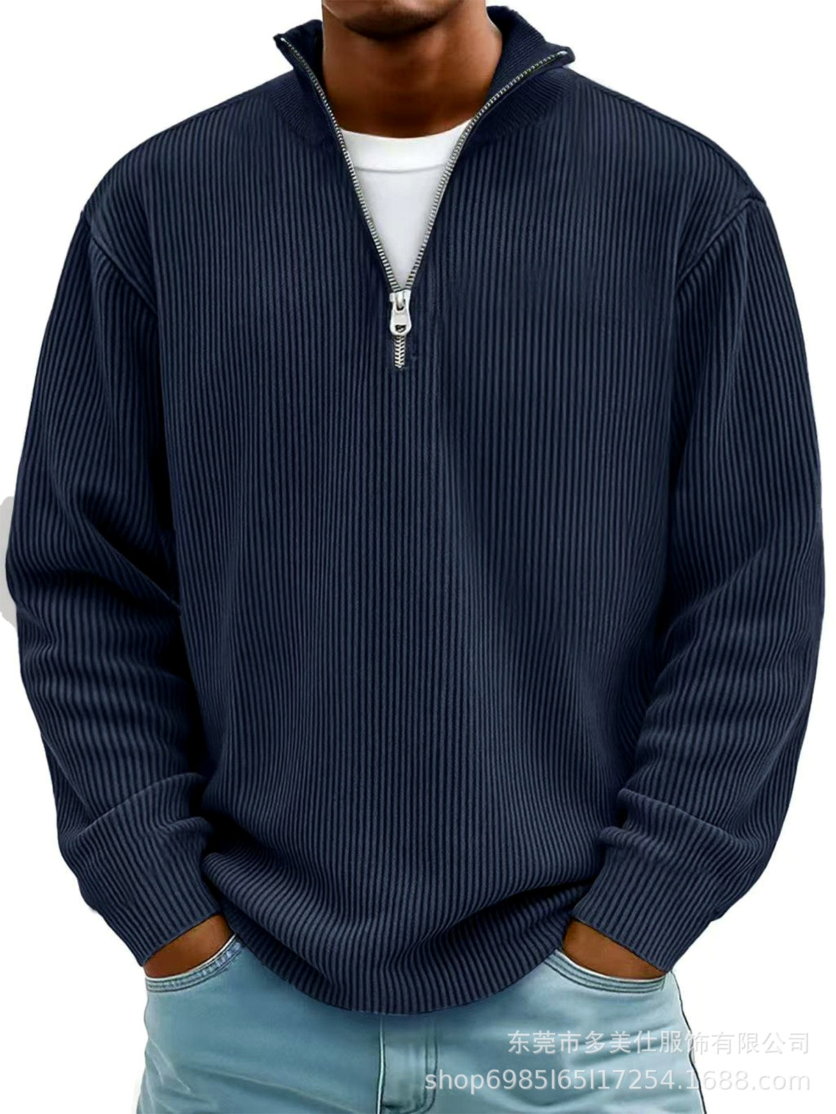 Men's Corduroy Quarter-Zip Stand Collar Long Sleeve Polo Shirt in Navy - product view