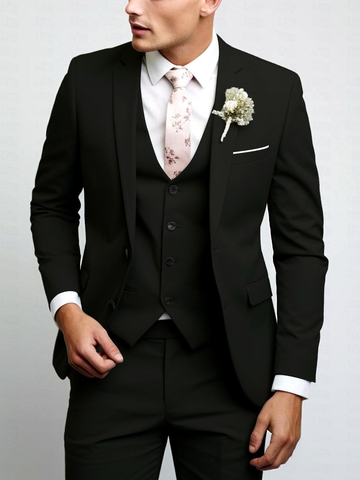 Men's Lightweight Business Blazer and Pants Set Casual Suit Outfit in Black - product view