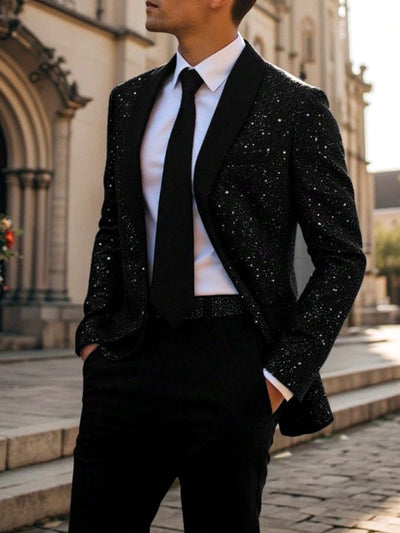 Men's Jacquard Blazer Suit Jacket One Button Party Banquet Formal Outfit in Black - product view
