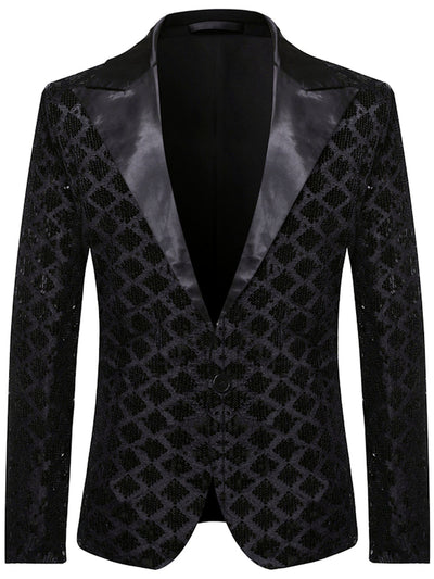 Men's Jacquard Blazer Suit Jacket One Button Party Banquet Formal Outfit in Black - product view