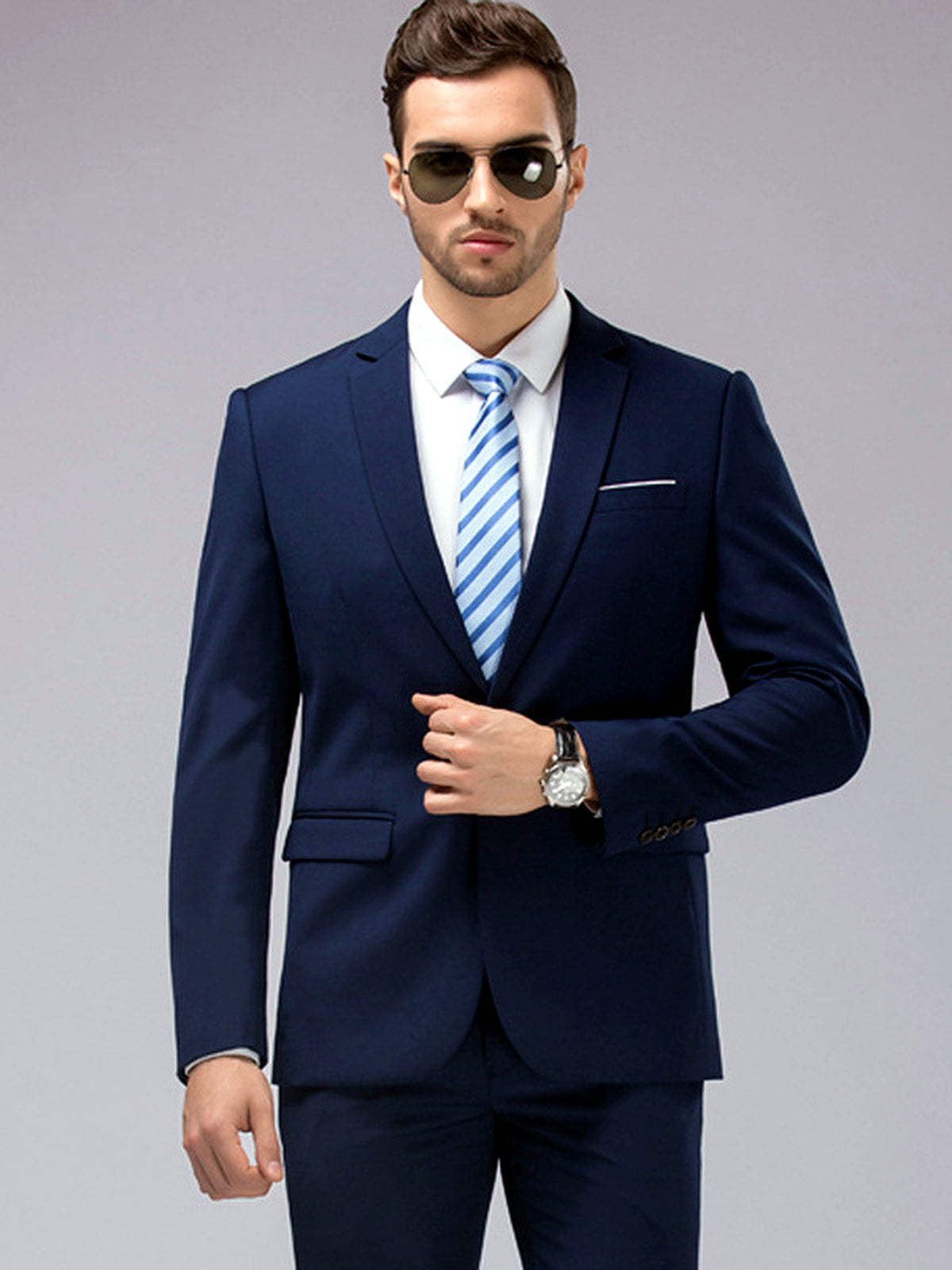 Men's Lightweight Business Blazer and Pants Set Casual Suit Outfit in Navy - product view
