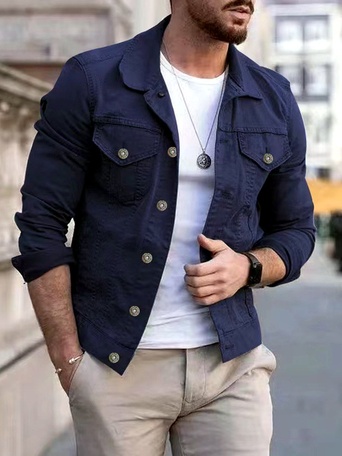 Men's Stand Collar Solid Color Slim Fit Long Sleeve Jacket for Everyday Smart-Casual Wear in Navy - product view