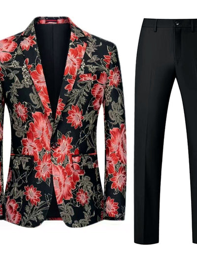 Men's Jacquard Blazer Suit Jacket One Button Party Banquet Formal Outfit in Red+Black - product view