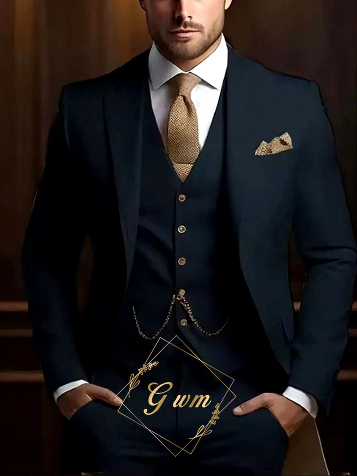 Men's Jacquard Blazer Suit Jacket One Button Party Banquet Formal Outfit in Navy - product view