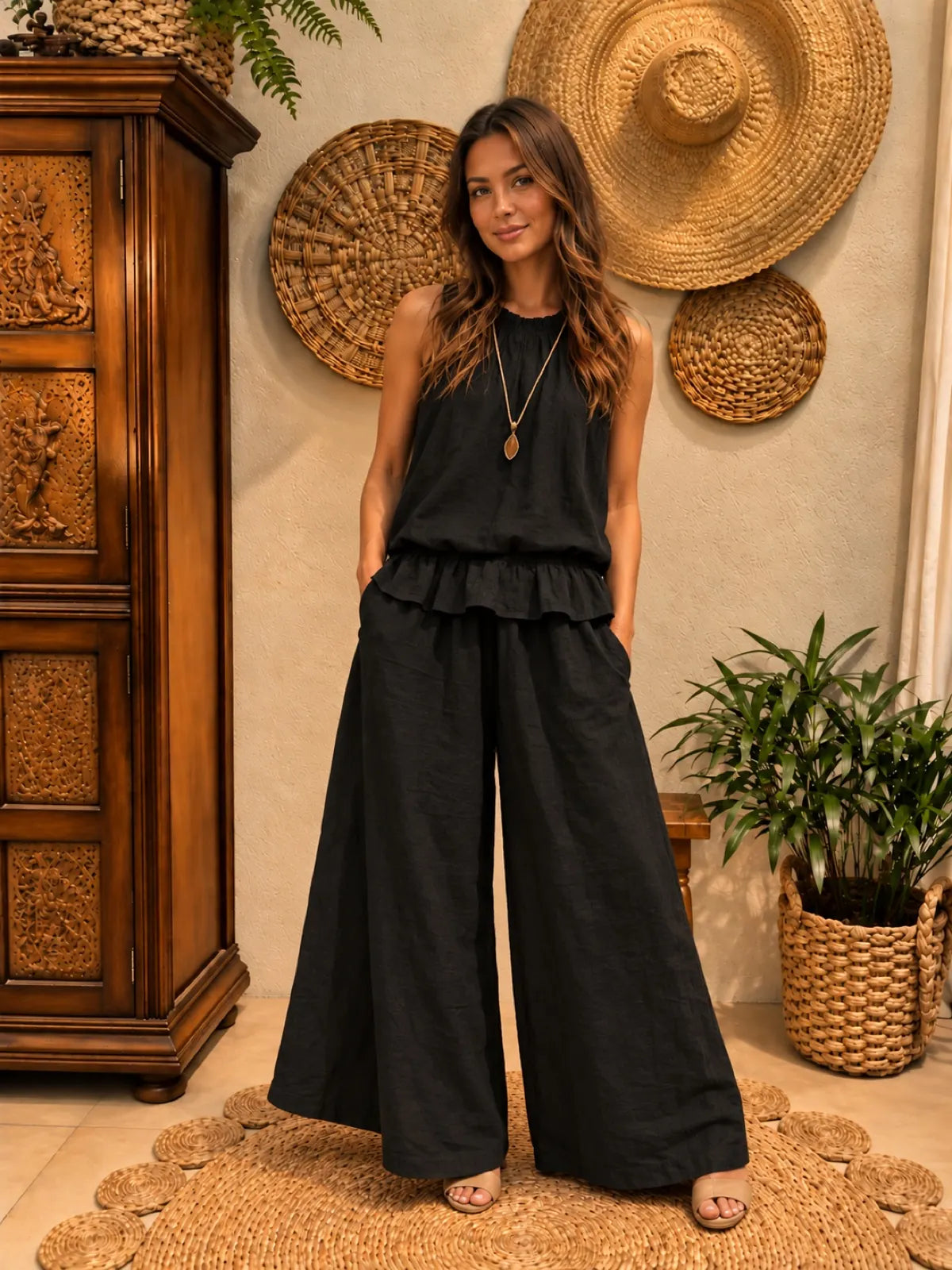 Women's Cotton Linen Two Piece Set with Top and Wide Leg Pants - model front view