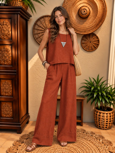 Women's Cotton Linen Two Piece Set with Top and Wide Leg Pants - product view 1