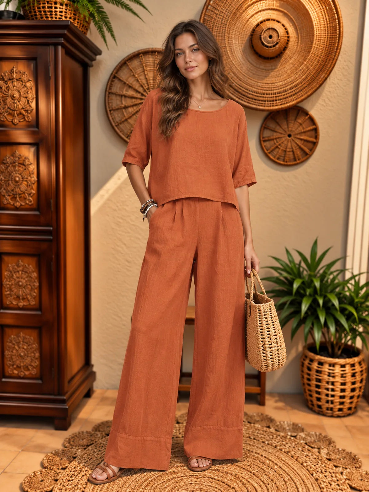 Women's Cotton Linen Two Piece Set with Top and Pants - product view 1