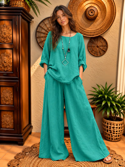 Women's Cotton Linen Two Piece Set with Shirt and Pants - product view 1