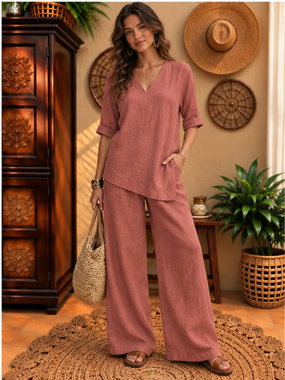 Women's Cotton Linen Two Piece Outfit Set - product view 1