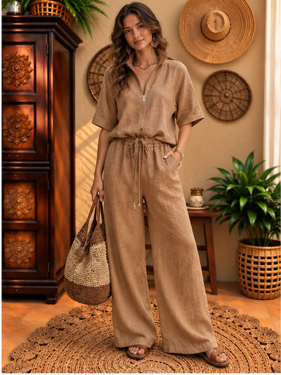 Women's Cotton Linen Two Piece Outfit Set - product view 1