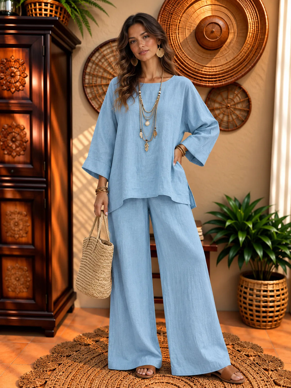 Women's Cotton Linen Two Piece Set with Shirt and Wide Leg Pants - product view 1