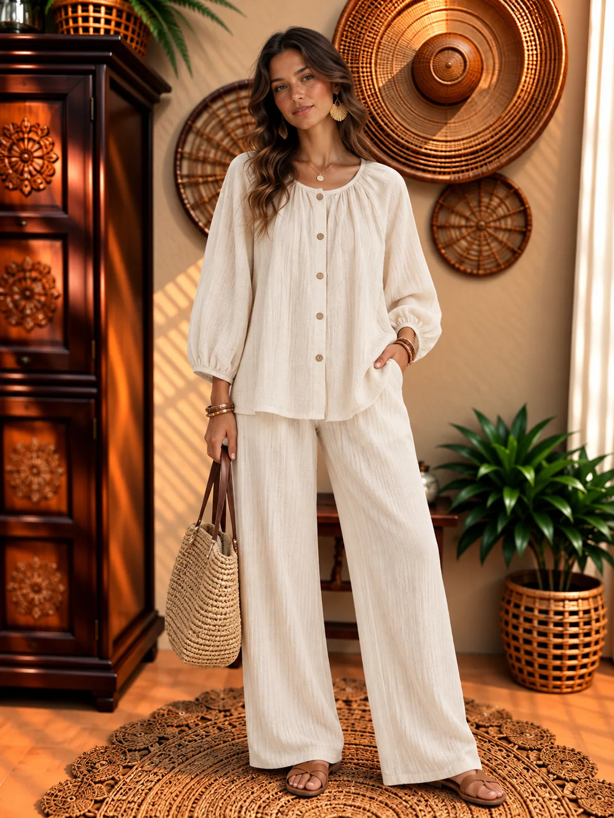 Women's Cotton Linen Two Piece Set with Top and Pants - product view 1