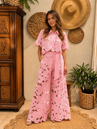 Women's Top and Wide-Leg Pants Two-Piece Set in White - product view