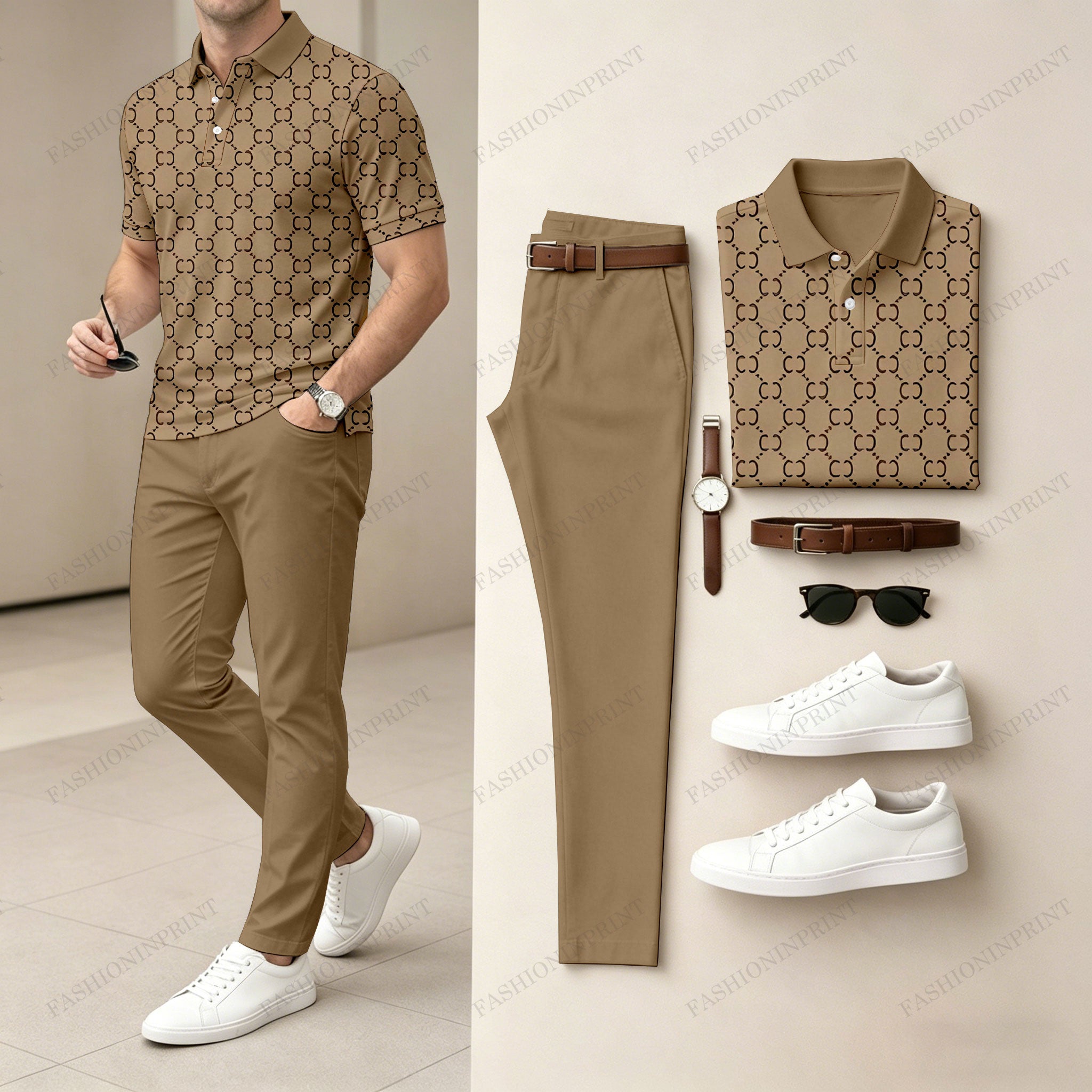 Men's Casual Brown Plaid Printed Polo Shirt And Pants Two-Piece Set 205063