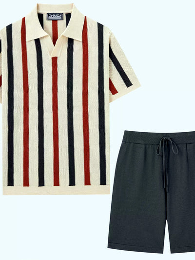 Men's Zip Collar Polo Shirt and Shorts Summer Two-Piece Set - product detail view 1