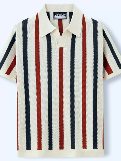 Men's Striped Jacquard Knit Short Sleeve Polo Shirt Business Casual Summer Top - product detail view 1