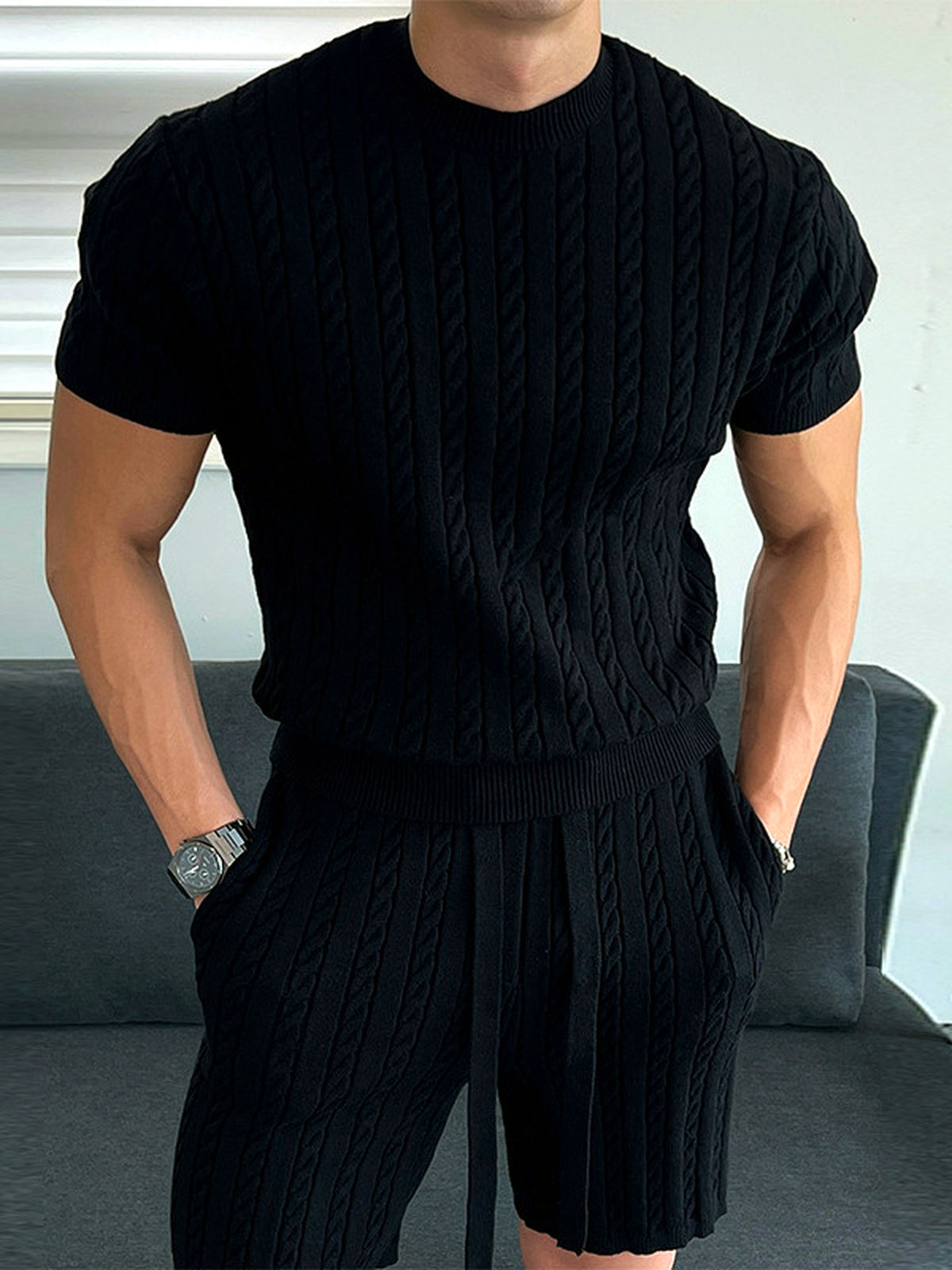 Men's Lyocell Cotton Casual Bermuda Shorts Elastic Waist Summer Shorts in Black - product view